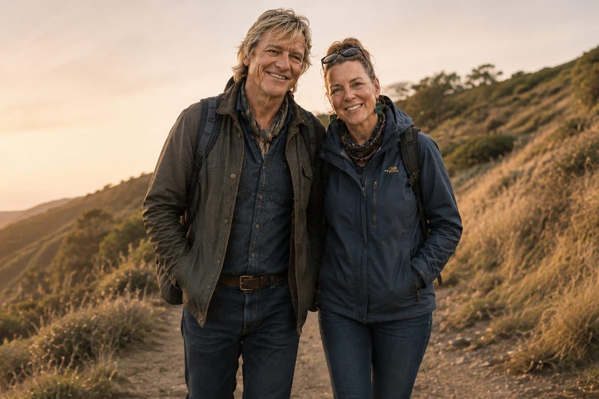 Mike and Lisa on a track at golden hour